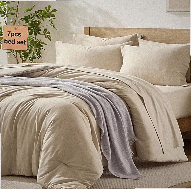 Moment Queen Comforter Set with Sheets, 7 Piece Beige Comforter Set Queen Size